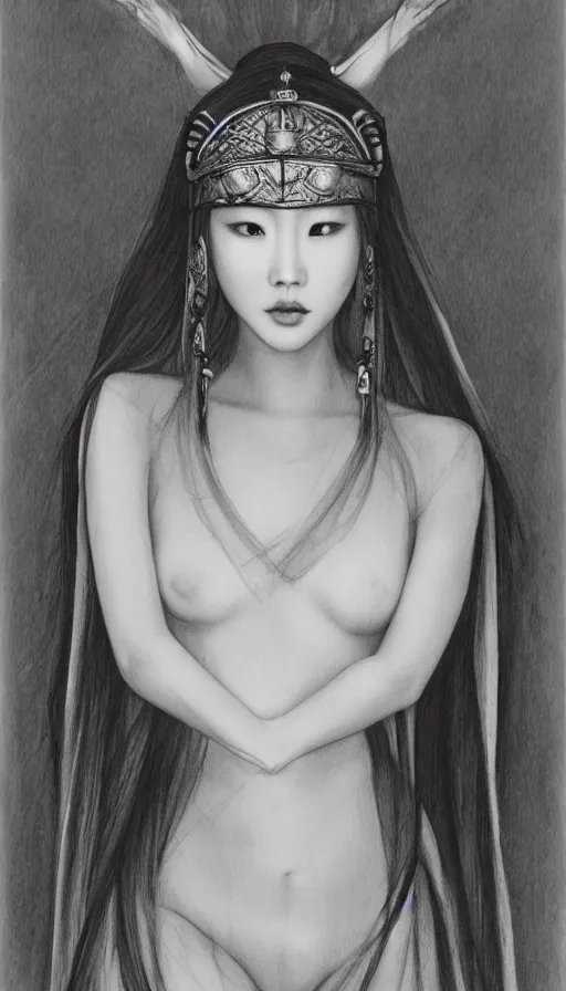 Prompt: model yoon young as the high priestess, by soeymilk, black and white graphite drawing, smooth render, 3 / 4 view