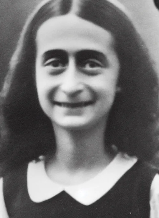 Prompt: a restored photo of Anne Frank posing for the camera in a black SS officer uniform, colourised, high detail, happy picture