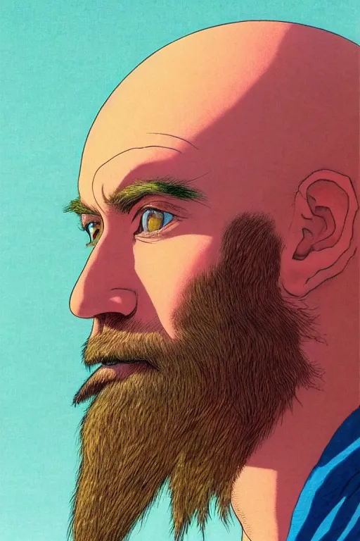 Image similar to a colorful closeup portrait of a young bald man with a very long wild beard dreaming psychedelic hallucinations in the vast icy landscape of antarctica, by kawase hasui, moebius and edward hopper, colorful flat surreal design, hd, 8 k, artstation