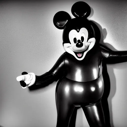 Image similar to close shot of mickey mouse wearing a latex outfit in the berghain toilette, berlin style, photography by sven marquardt, highly detailed, photorealistic, 4 k