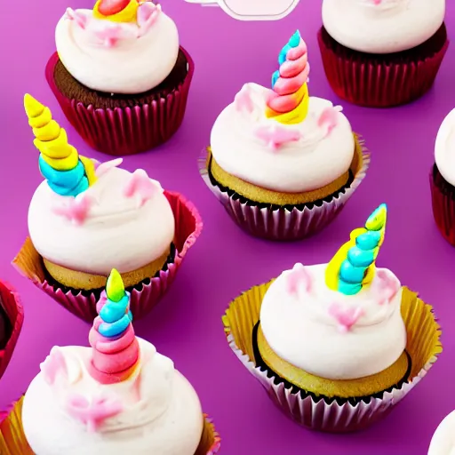 Prompt: Photo of a happy unicorn baking cupcakes