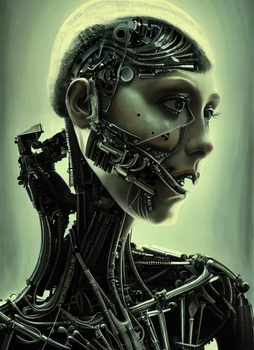 Image similar to a young beautiful female cyborg profile face, by h. r. giger, by ismail inceoglu, by kiki smith, glamor shot, vintage, closeup, f / 2. 8, low contrast, 1 6 k, rim lighting, cinematic lighting, insanely detailed and intricate, hypermaximalist, elegant, ornate, hyper realistic, super detailed