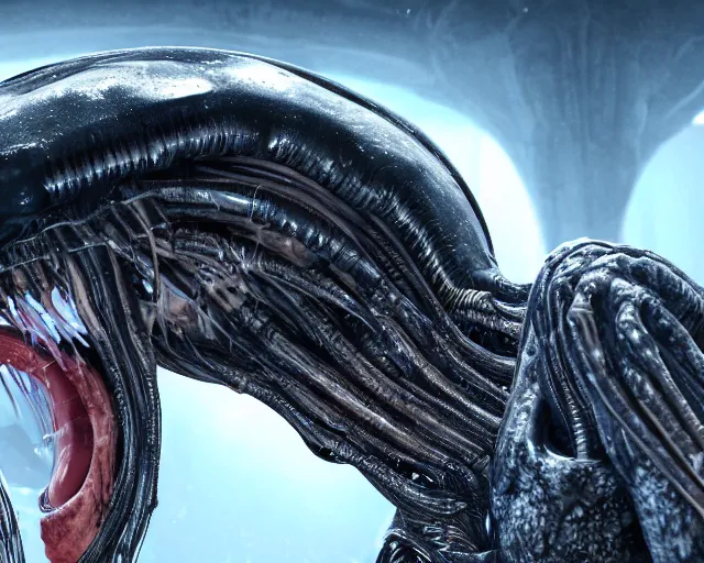 Image similar to film still of kim kardashian being licked by an xenomorph slathered in a transparent alien liquid, wet flowing hair, gooey skin, illustration, unreal engine 5, 8 k, directed by h. r. giger.