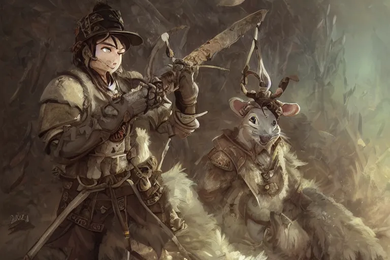 Prompt: dungeons and dragons fantasy painting, portrait of an ashigaru mouse rifleman, whimsical and cute, determined expression, watery eyes, anime inspired by krenz cushart, light grey fur, tufty whiskers, feathered arrows, bamboo forest, dawn lighting, by brian froud jessica rossier and greg rutkowski