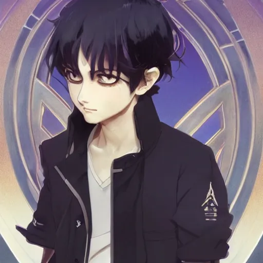 Image similar to small boy with black hair and blue purple eye, school uniform, anime style, hyper detailed, illustration, digital painting, art by artgerm and greg rutkowski and alphonse mucha, high delicate defined details, anime stylized, highly detailed, realistic, sharp focus