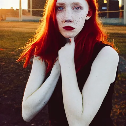 Image similar to photograph, closeup portrait of a young pale woman with shoulder length red hair, tired eyes, freckles, wearing red flannel, soft lighting, city background, sunset, bokeh, urban setting, high contrast, sharp, portra 8 0 0, photographed by annie leibovitz, trending on tumblr,