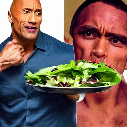 Prompt: dwayne the rock johnson eating a salad