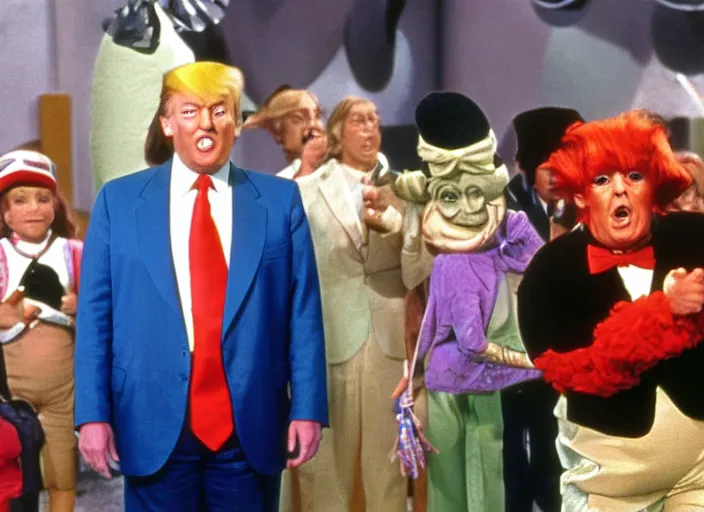 Prompt: film still of Donald Trump as a oompa loompa in Willy Wonka's and the Chocolate Factory 1971