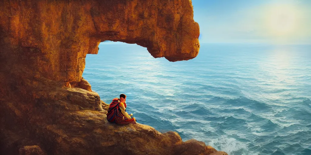 Image similar to A cliff with a narrow ledge looks out onto a vast ocean a monk sits on the ledge in the lotus position, cinematic lighting, detailed oil painting, hyperrealistic, 8k