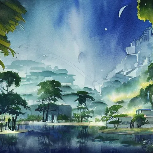 Image similar to Beautiful happy picturesque charming futuristic sci-fi town in harmony with nature. Beautiful light. Water and plants. Nice colour scheme, soft warm colour. Beautiful detailed watercolor by Lurid. (2022)