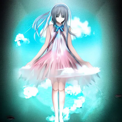 Image similar to advanced digital art a very cute anime girl wearing a dress made of water standing in a crystal lake turning into mist full body