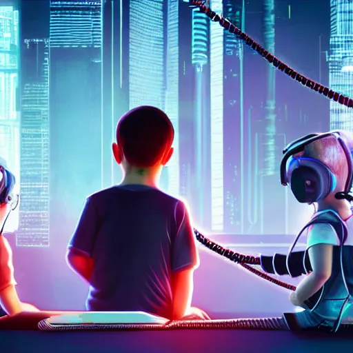 Image similar to cyberpunk kid programming his parents. the kid hand holding wire that connected to the parents head. 4 k, photorealistic, artstation, ultra detrailed.