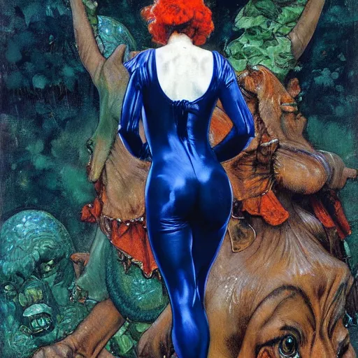 Image similar to catsuit female jester, by donato giancola and norman rockwell.