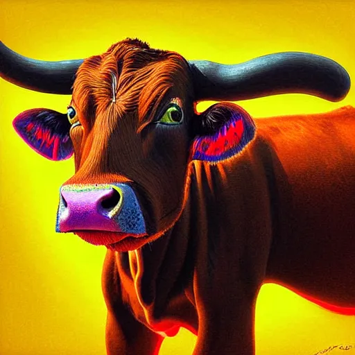 Image similar to digital painting of a guernsey cow by filipe pagliuso and justin gerard, symmetric, neon colours, highly, detailed, realistic, intricate