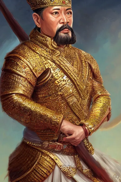 Image similar to full body portrait of king ramkamhaeng the great, thai warload, d & d, elegant, highly detailed, digital painting, artstation, concept art, smooth, sharp focus, illustration, art by thawan duchanee