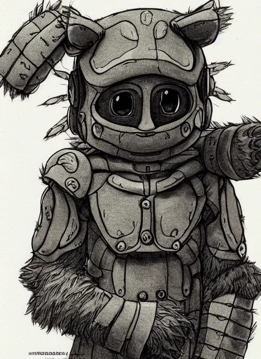 Image similar to beautiful little boy wearing an cyborg bear suit, artwork in kentaro miura and made in abyss and rosdraws, smooth, beautiful lightness, anatomically correct, trending on pixiv, forest