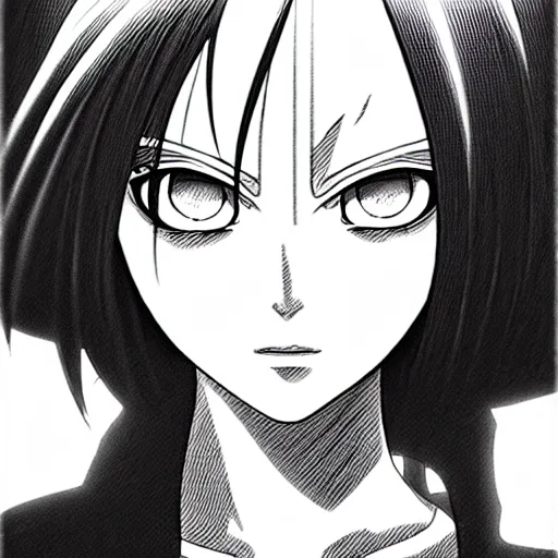 Prompt: alita by yukito kishiro. medium shot. black and white manga. pencil drawing.