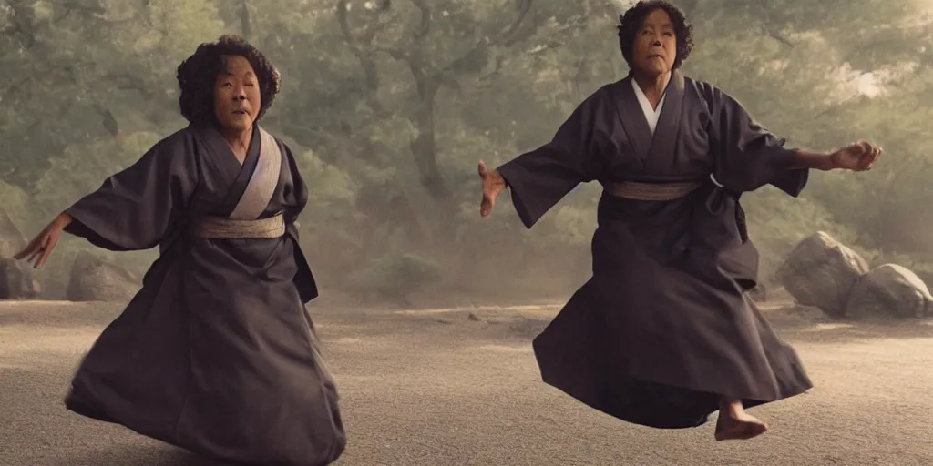 Image similar to a film still of an old black woman starring in a japanese blockbuster film as ancient sensei, levitating mid air, intense, shallow depth of field, cinematic, award winning cgi, vfx, film still