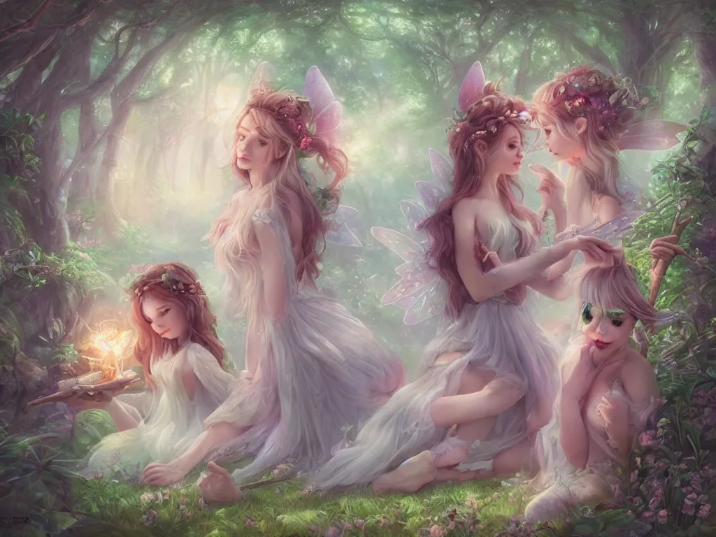 Image similar to two cute fairy in the dreamy forest, fantasy, dreamlike, 8 k resolution, hyper detailed, d & d, character design, digital painting, trending on artstation, sharp focus, illustration, art by artgerm, viktoria gavrilenko, hoang lap, fuji choko, steve zheng