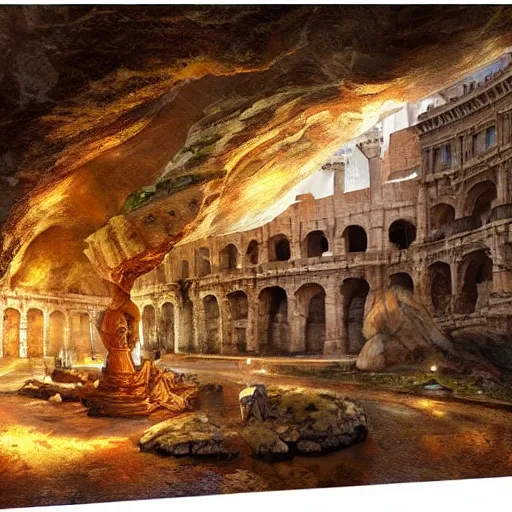 Image similar to the city of Rome but underground in an impossibly large cave,fantasy art,realistic,high quality,detailed