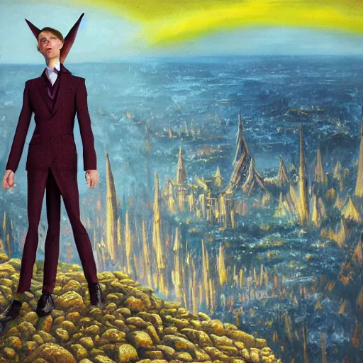 Image similar to portrait of a beautiful androgynous actress with medium-length messy spiked auburn hair and pointed elf ears and dressed in a blue men's suit with a yellow tie, standing on a stone bridge with a fantasy metropolis of tall stone towers in the background, oil painting in the style of Alex Ross