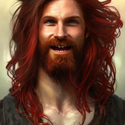 Prompt: portrait of a young ruggedly handsome but joyful pirate, male, masculine, upper body, red crimson hair, long flowing hair, fantasy, soft grin, intricate, elegant, highly detailed, digital painting, artstation, concept art, matte, sharp focus, illustration, art by artgerm and greg rutkowski and alphonse mucha