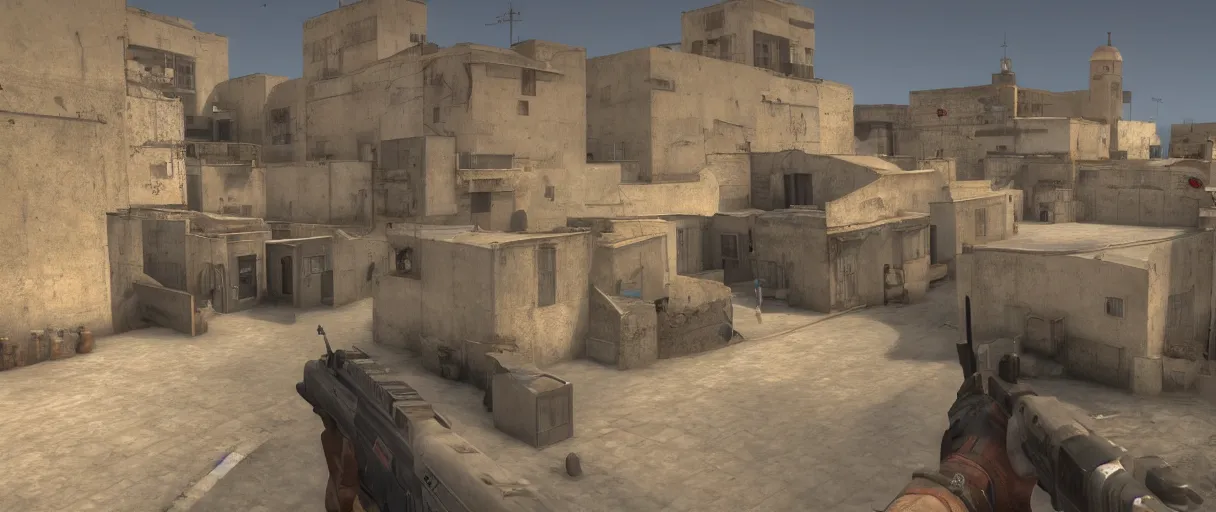 Image similar to a wide shot of dust 2 from Counter Strike: Global Offensive, beautiful, stunning, serene, volumetric light, volumetric clouds, photography, color, intricate, extremely detailed, photorealistic, unreal engine 5