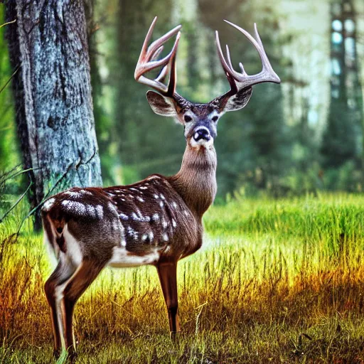 Prompt: Professional high resolution HDR portrait photo of a mighty deer with majestic antlers. Low saturation. Dark background.