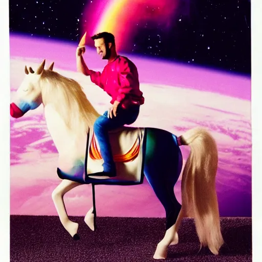 Prompt: justin timberlake riding a pink unicorn in space, cinestill 8 0 0 t, award winning photograph, taken in 1 9 9 9