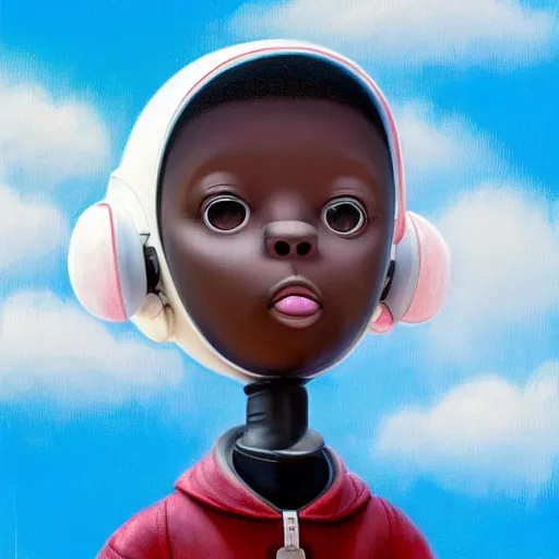 Image similar to wide - angle profile face portrait of a tin toy of a black boy dressed like an astronaut in a cotton candy field, nicoletta ceccoli, mark ryden, lostfish, max fleischer, alan bean, hyper realistic, artstation, illustration, lowbrow, surreal, digital paint, matte paint, vivid colors, bright, cheerful, detailed and intricate environment