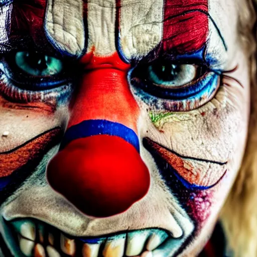 Image similar to An extreme close up photograph of a clown's painted face