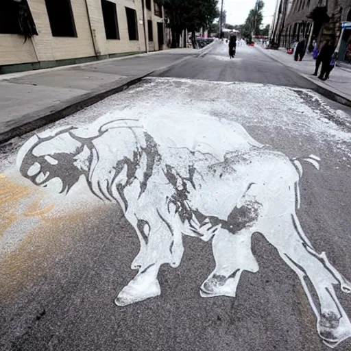 Image similar to a buffalo covered in flour in the middle of the street, graffiti art