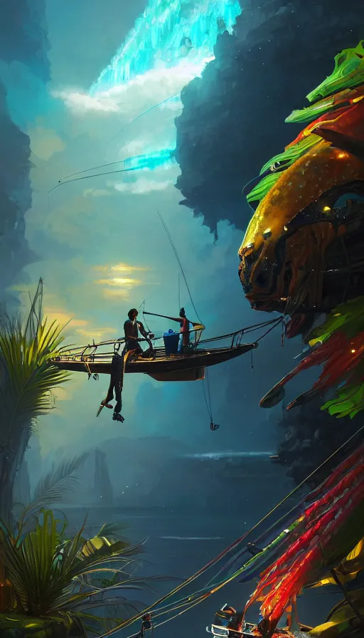 Image similar to portrait of a jamaican fisherman sci - fi glowing fishing armor muscular cyberpunk intricate elegant highly detailed digital painting artstation concept art, jamaican flag background, greg rutkowski, loish, rhads, ferdinand knab, makoto shinkai and lois van baarle, ilya kuvshinov, rossdraws, tom bagshaw