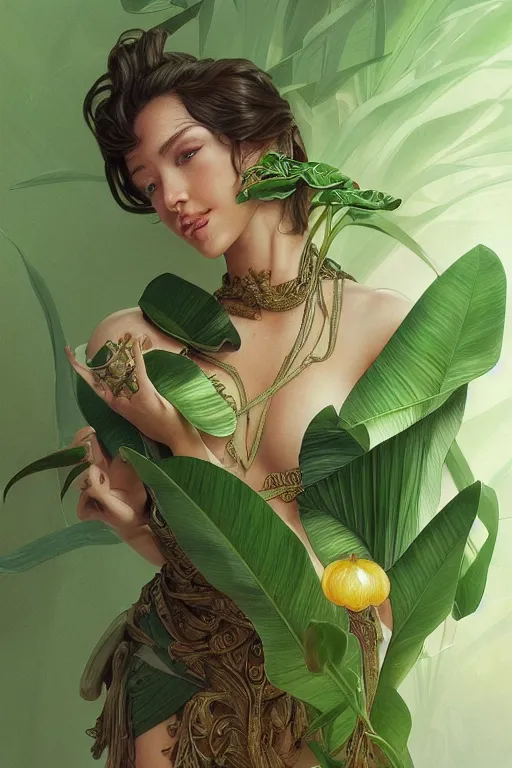 Image similar to ultra realistic illustration, cinema 4 d art, banana plants drawing, jade background, elegant, highly detailed, digital painting, concept art, intricate, swirl, smooth, sharp focus, illustration, art by artgerm and greg rutkowski and alphonse mucha