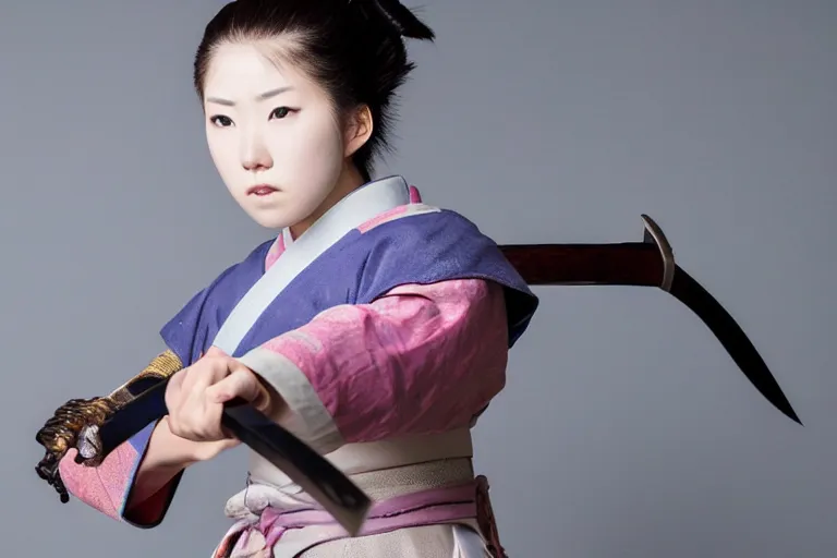 Image similar to beautiful photo of a young female samurai, practising sword stances, symmetrical face, beautiful eyes, huge oversized anime style sword, highly detailed, 8 k, award winning photo, muted pastels, action photography, 1 / 1 2 5 shutter speed, dramatic lighting