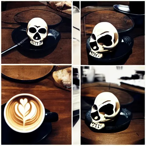 Image similar to skull, latte art, sinister lighting
