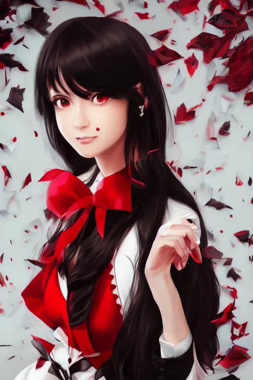 Prompt: portrait of a beautiful cute dark haired jabami yumeko from kakegurui with big red pupils, fantasy, intricate, insanely detailed, 8k, elegant, highly detailed, digital painting, artstation, concept art, smooth, sharp focus, illustration, 8K 3D | CGSociety | volumetric light | luxury | elegant | elite