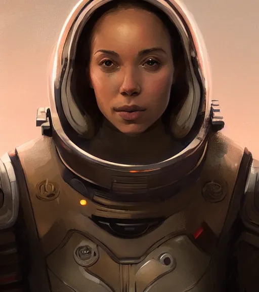 Image similar to portrait of a madeleine mantock 🍑 from the tomorrow people by greg rutkowski, she is about 3 0 years old, slavic, pretty, blond hair with two strans around her face, she is wearing a futuristic space gear, highly detailed portrait, digital painting, artstation, concept art, smooth, sharp foccus ilustration, artstation hq.