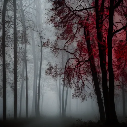 Image similar to a blood red river. gothic. dark ominous trees. moody. atmospheric lighting. foggy.