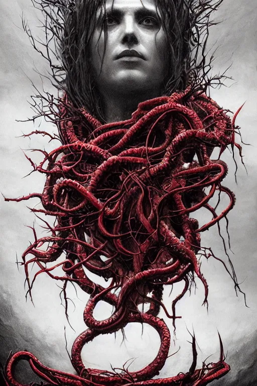 Prompt: realistic portrait beautiful detailed matte painting of cinematic movie scene a ancient god of death, tentacles, black and red, thorns, vines, horror, created by gustave dore and greg rutkowski, high detailed, smooth draw, synthwave neon retro, intricate, realistic proportions, dramatic lighting, trending on artstation.