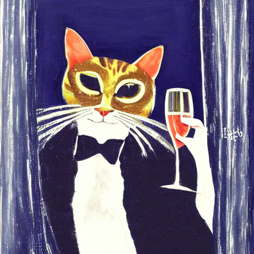 Image similar to a portrait of a cat drinking expensive champagne in a fancy dark bar