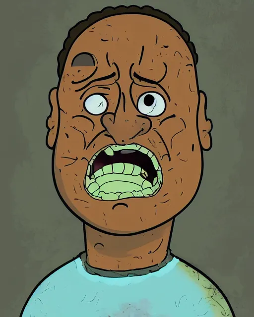 Image similar to portrait of dwayne johnson in the style of justin roiland. ugly, creepy, demonic, horror. cinematic lighting. style of rick & morty. photographic, photography. by justin roiland