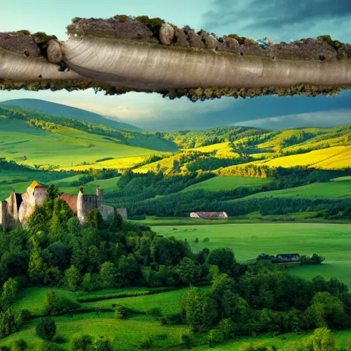 Prompt: Vast verdant valley surrounded by Transylvanian mountains, with a large zeppelin hovering in the foreground, and a ruined medieval castle on the hillside in the background. Late evening light in the summer, gloomy weather. Hyperrealistic, high quality, sharp, photography.