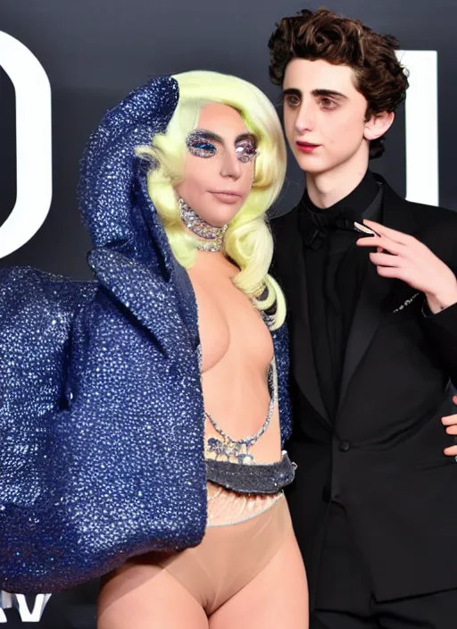 Prompt: timothee chalamet with lady gaga on a red carpet, canon, highly realistic. lady gaga, high resolution. highly detailed 8 k. 4 k.