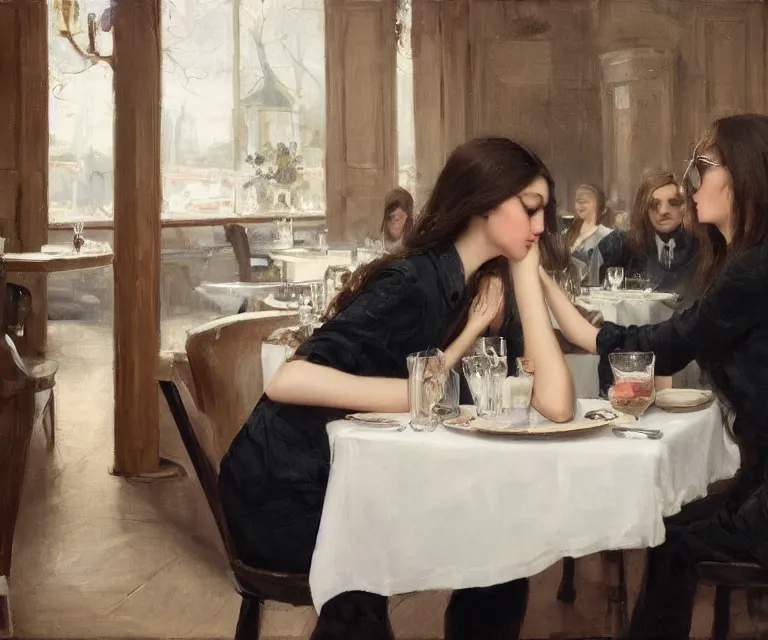 Prompt: young waitress with dark long hair serving glasses in french restaurant, medium shot, serge marshennikov, jeremy lipking, joseph todorovitch