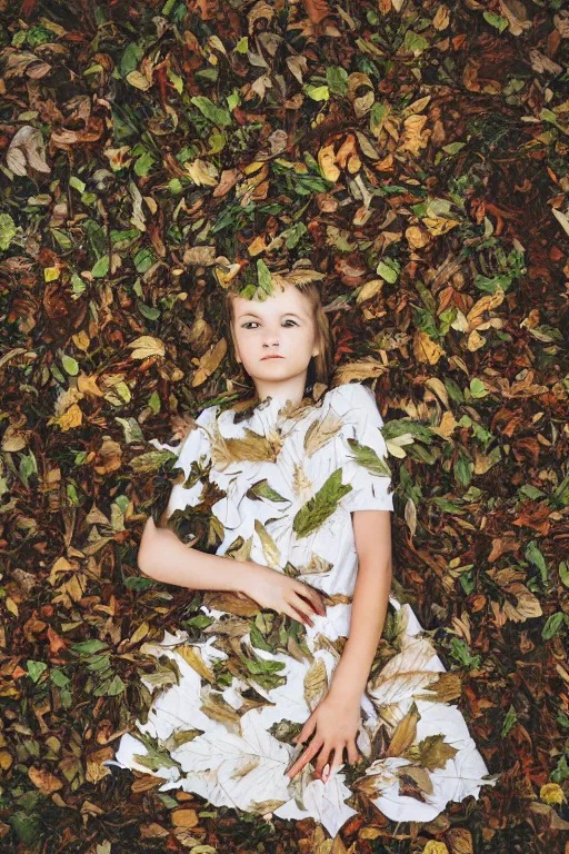 Image similar to a portrait of a girl wearing a dress made up of leaves