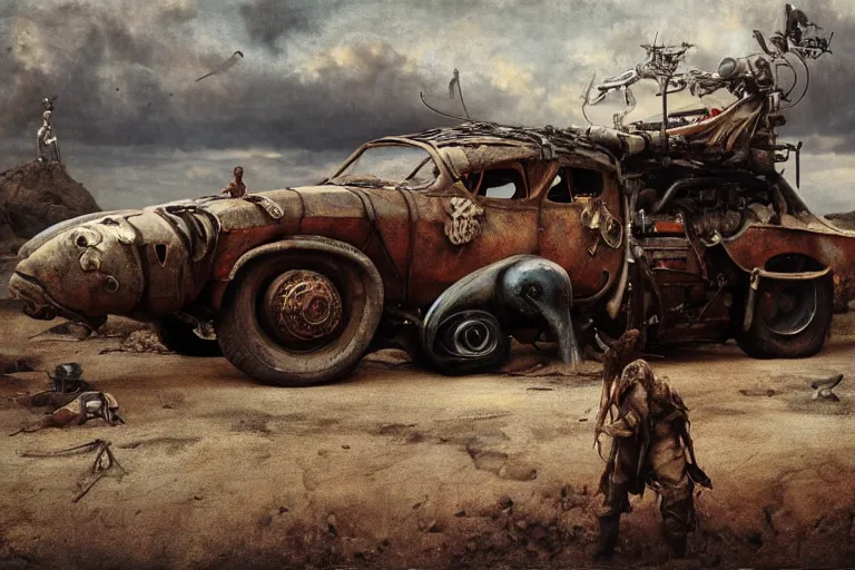 Image similar to full color hd photo of a mad max vehicle, octane render 4 k, by hieronymus bosch, joel peter witkin, annie liebovitz. gustave dore, hr giger, zdzisław beksinski, epic, artstation, cgisociety, weta, disney