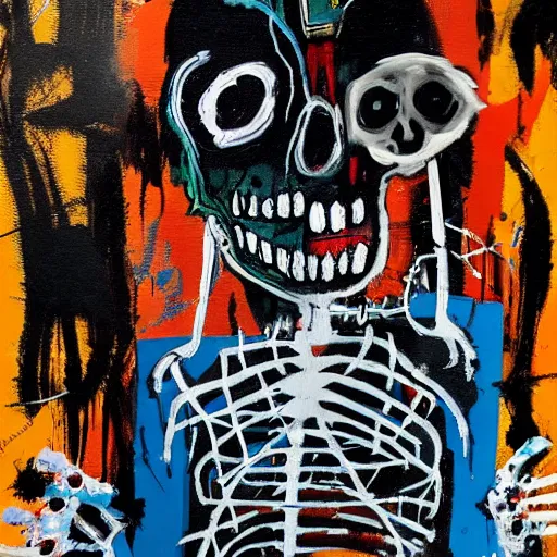 Prompt: Gritty splattered punk painting of the anatomy of a mad scientist & skeleton, painted by Basquiat. Dark background. Black background. award winning painting. Trending on artstation and behance.