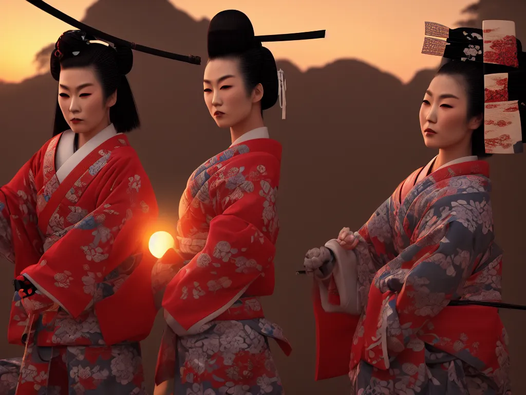 Prompt: samurai and geisha stand opposite each other against the backdrop of the setting sun, between them is a spear, japanese style, ultra - realism, artstation, wow it is beautiful, sharp focus, ultra detailed, 8 k, dramatic, octan render