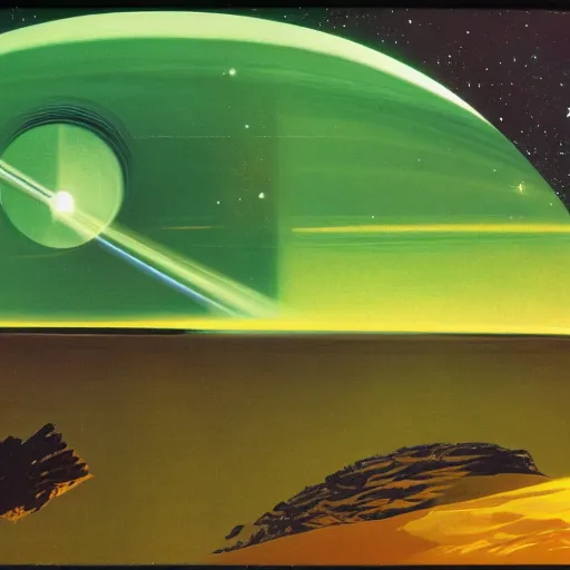 Prompt: Green nebula without planets, Syd Mead, John Harris, Federico Pelat,